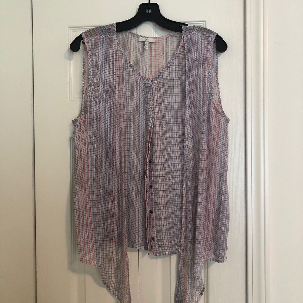 Joie Checkered Silk Tie Front Blouse Size L